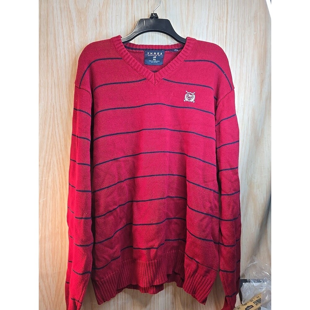 Men’s Vintage THREE3 V Neck Pullover Sweater Red Size XL 100% Acrylic USA